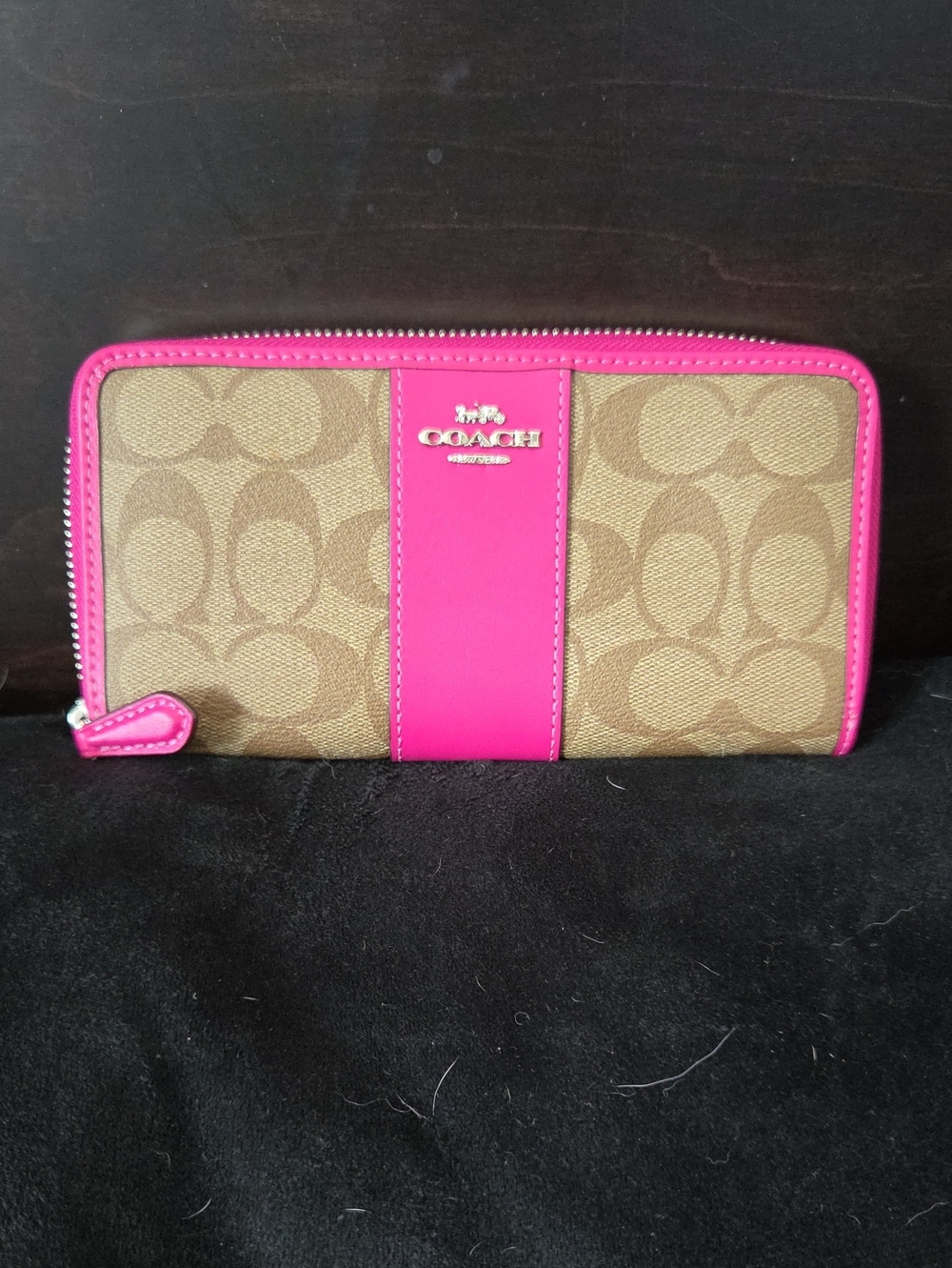 Coach Signature Canvas Heritage Accordion Zip Wallet Pink Center Stripe